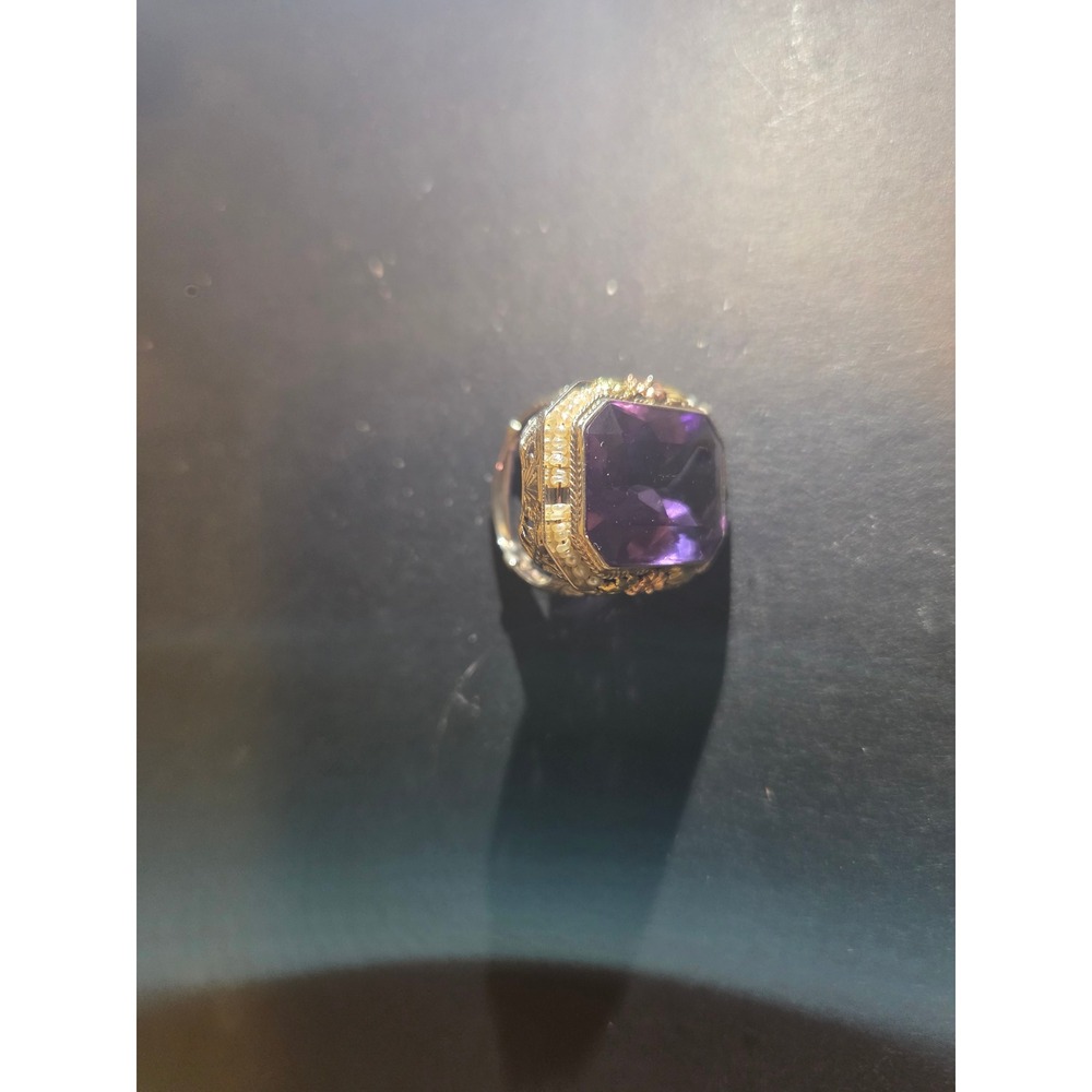 Vintage Sterling Silver Amethyst Cocktail Ring Filigree Rose Gold Floral Accents